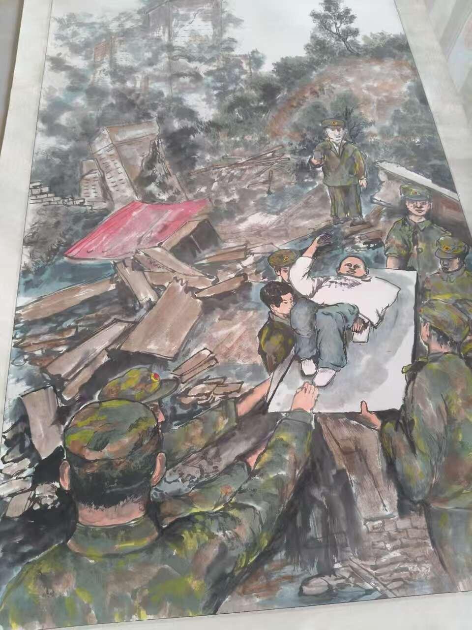 画家《罗社强》为2008年汶川大地震，手绘最感人队礼，记录了感人一刻，保存完整，包老