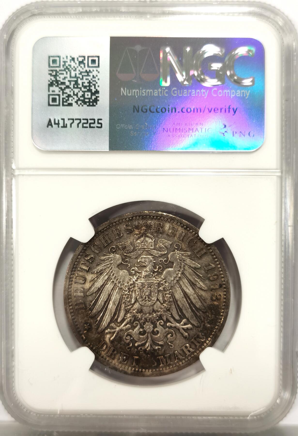 博洋堂德系小专场暨第132期（全场包邮） NGC MS61 德国普鲁士1913年威廉二世花枝3马克银币