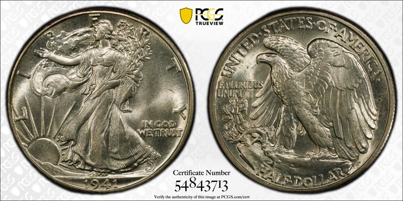  甄臻铺-世界币章拍卖（第26期），送拍享返佣金等优惠多多 PCGS-MS65 美国1941年行走女神50美分，少见高分，流水转光