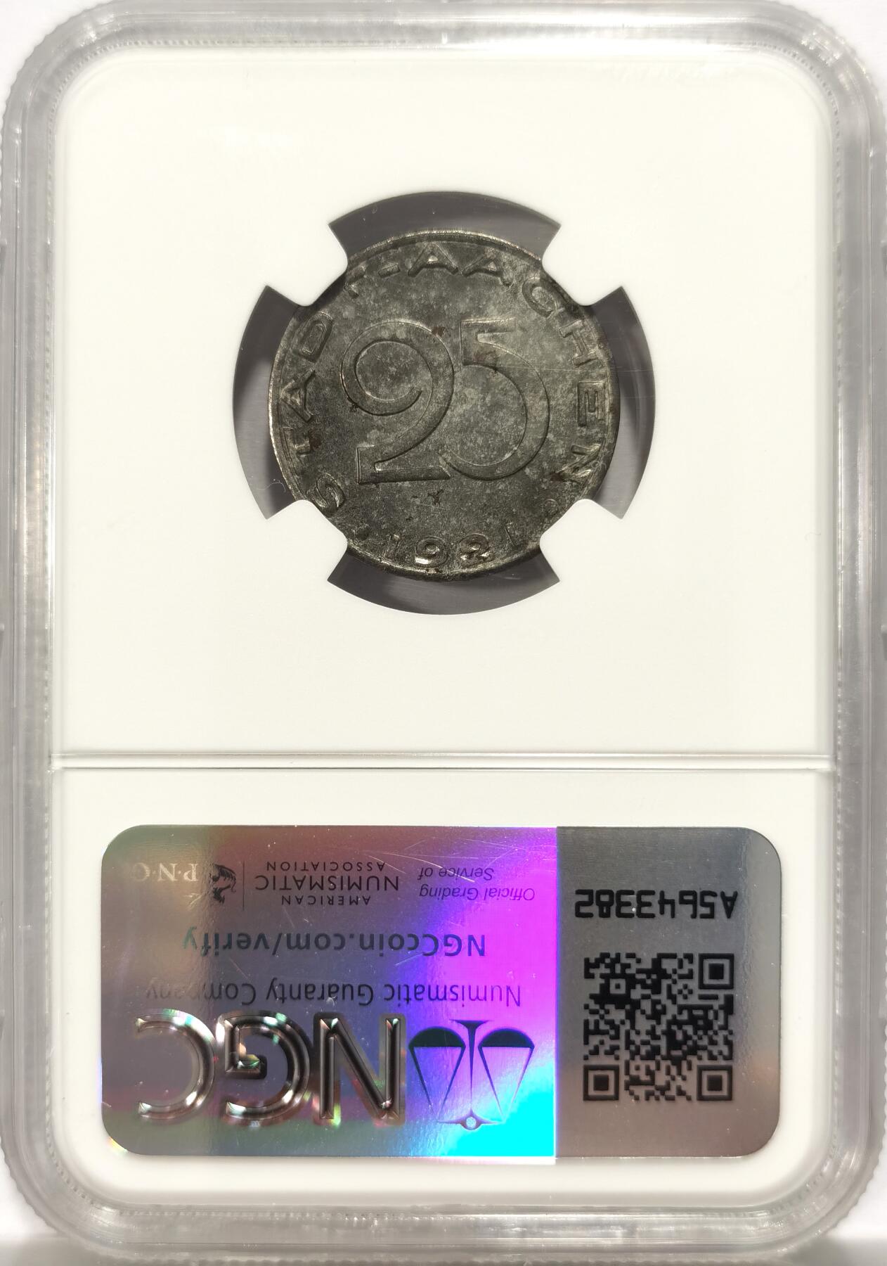 博洋堂德系小专场暨第132期（全场包邮） NGC MS62 少见背逆！德紧德国亚琛1921年母熊25芬尼铁币