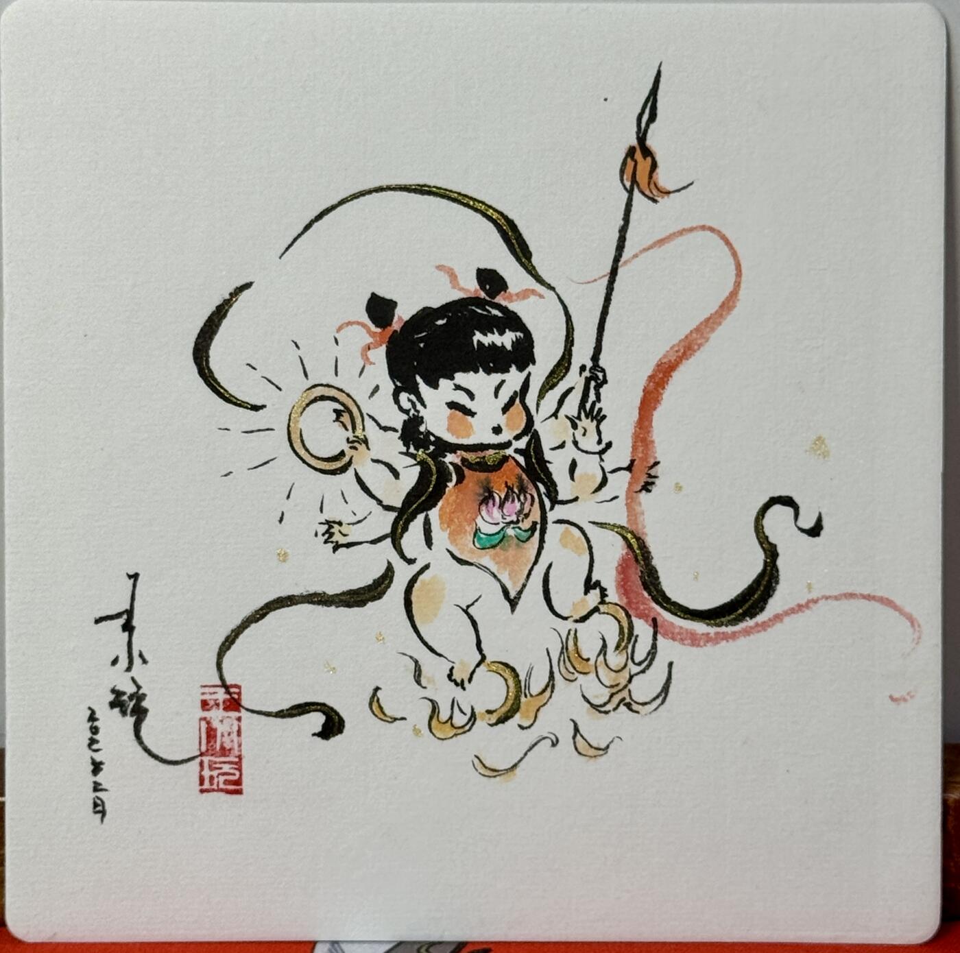 白泽拍卖卡牌手绘专场第21期（七月将残暑未收， 晚凉庭院独登楼） 2025 王小玩手绘画 哪吒1 尺寸：14cm*14cm