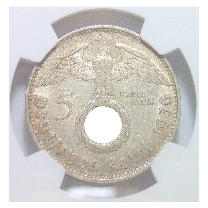 【银】稀年 NGC AU58 德国1936年G版5马克银币 淡黄金彩 原光