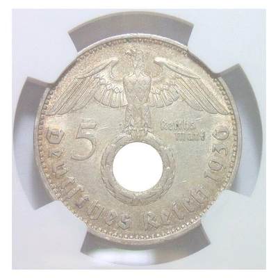 【银】稀年 NGC AU58 德国1936年G版5马克银币 淡黄金彩 原光 - 【银】稀年 NGC AU58 德国1936年G版5马克银币 淡黄金彩 原光