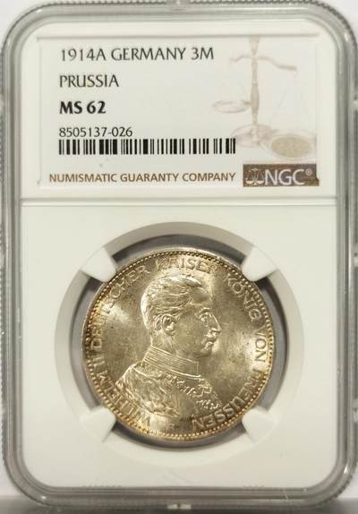 博洋堂德系小专场暨第132期（全场包邮） - NGC MS62 德国普鲁士1914年威廉二世军装3马克银币 无花枝版较难出分