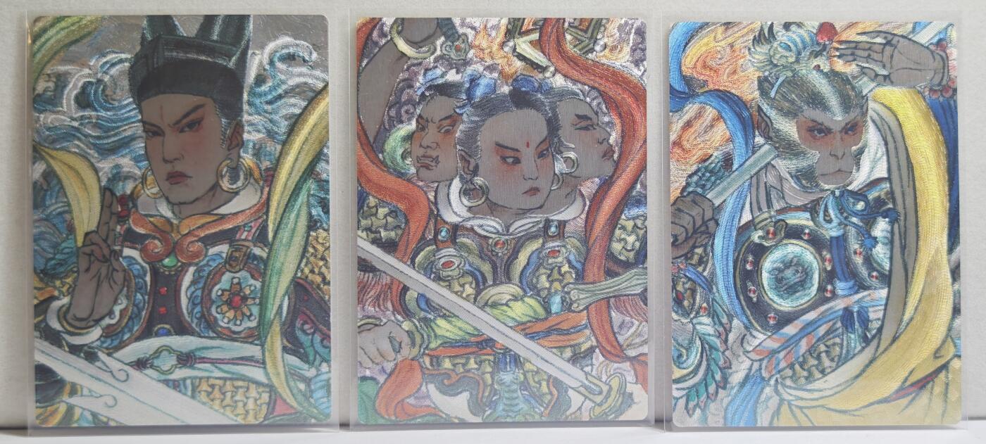 白泽拍卖卡牌手绘专场第21期（七月将残暑未收， 晚凉庭院独登楼） 2025 山衡一述 天庭三大反骨仔3张 哪吒，孙悟空，杨戬 史墨绘 粗闪 卡夹封装