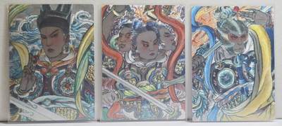 白泽拍卖卡牌手绘专场第21期（七月将残暑未收， 晚凉庭院独登楼） - 2025 山衡一述 天庭三大反骨仔3张 哪吒，孙悟空，杨戬 史墨绘 粗闪 卡夹封装