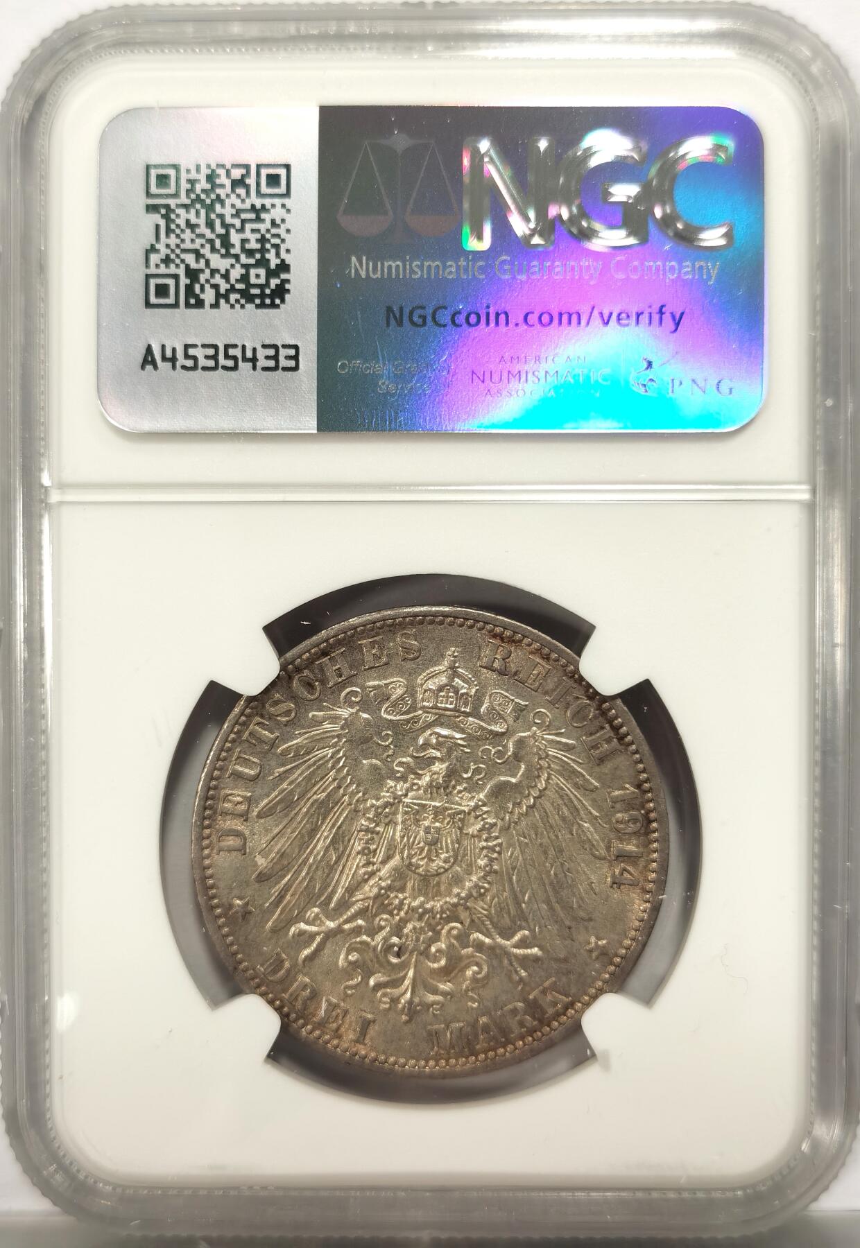 博洋堂德系小专场暨第132期（全场包邮） NGC AU58 德国巴登1914年3马克银币 无洗原状态