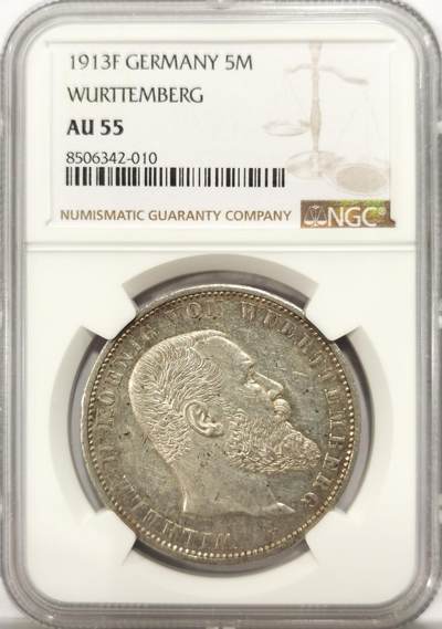 博洋堂德系小专场暨第132期（全场包邮） - NGC AU55 德国符腾堡1913年威廉二世5马克银币