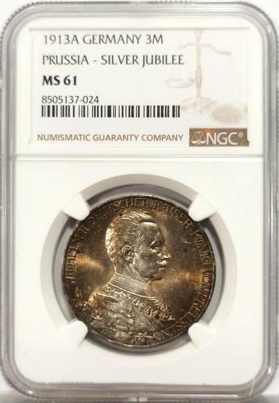 博洋堂德系小专场暨第132期（全场包邮） - NGC MS61 德国普鲁士1913年威廉二世花枝3马克银币