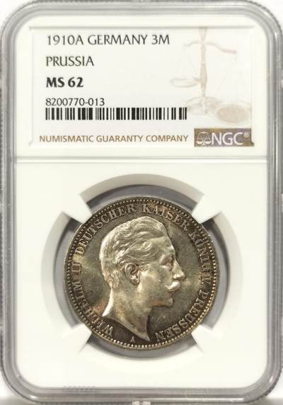 博洋堂德系小专场暨第132期（全场包邮） - NGC MS62 德国普鲁士1910年威廉二世大头3马克 整体镜面质感