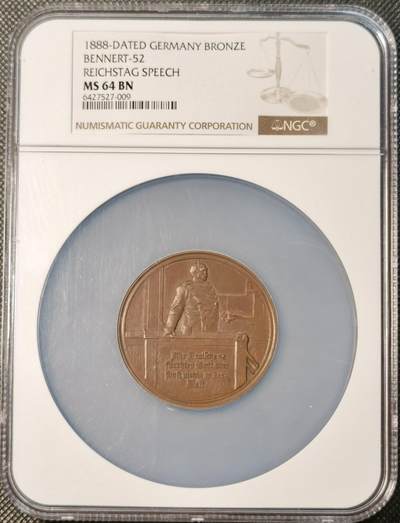  甄臻铺-世界币章拍卖（第26期），送拍享返佣金等优惠多多 - NGC-MS64 1888年德国俾斯麦国会演讲纪念大铜章，50mm