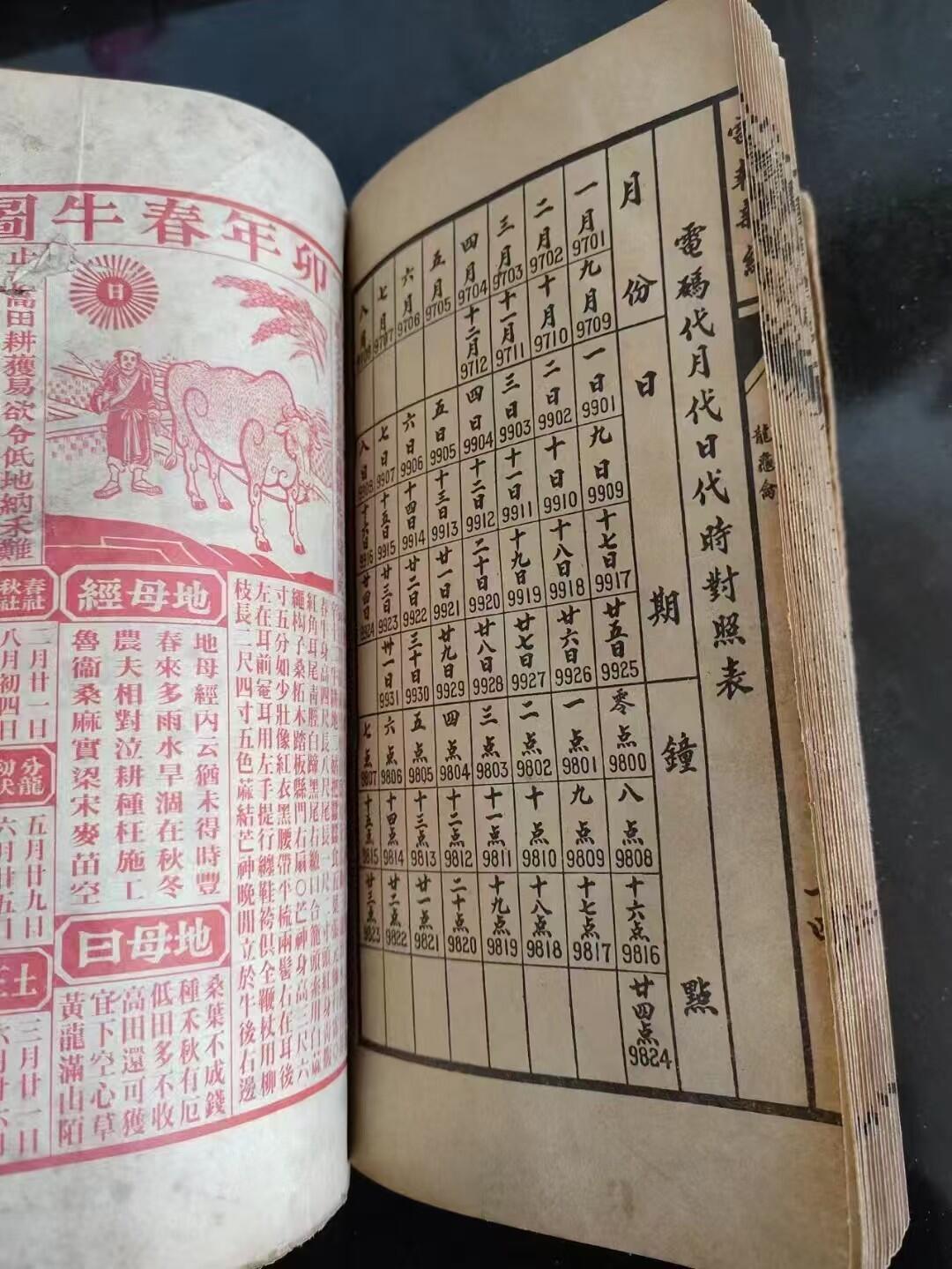 民国版线装合订大厚本【万年历】，尺寸22.6/13.2厘米，阴阳历百中经，广宗堂丁卯年历书，内容丰富，保老保真。