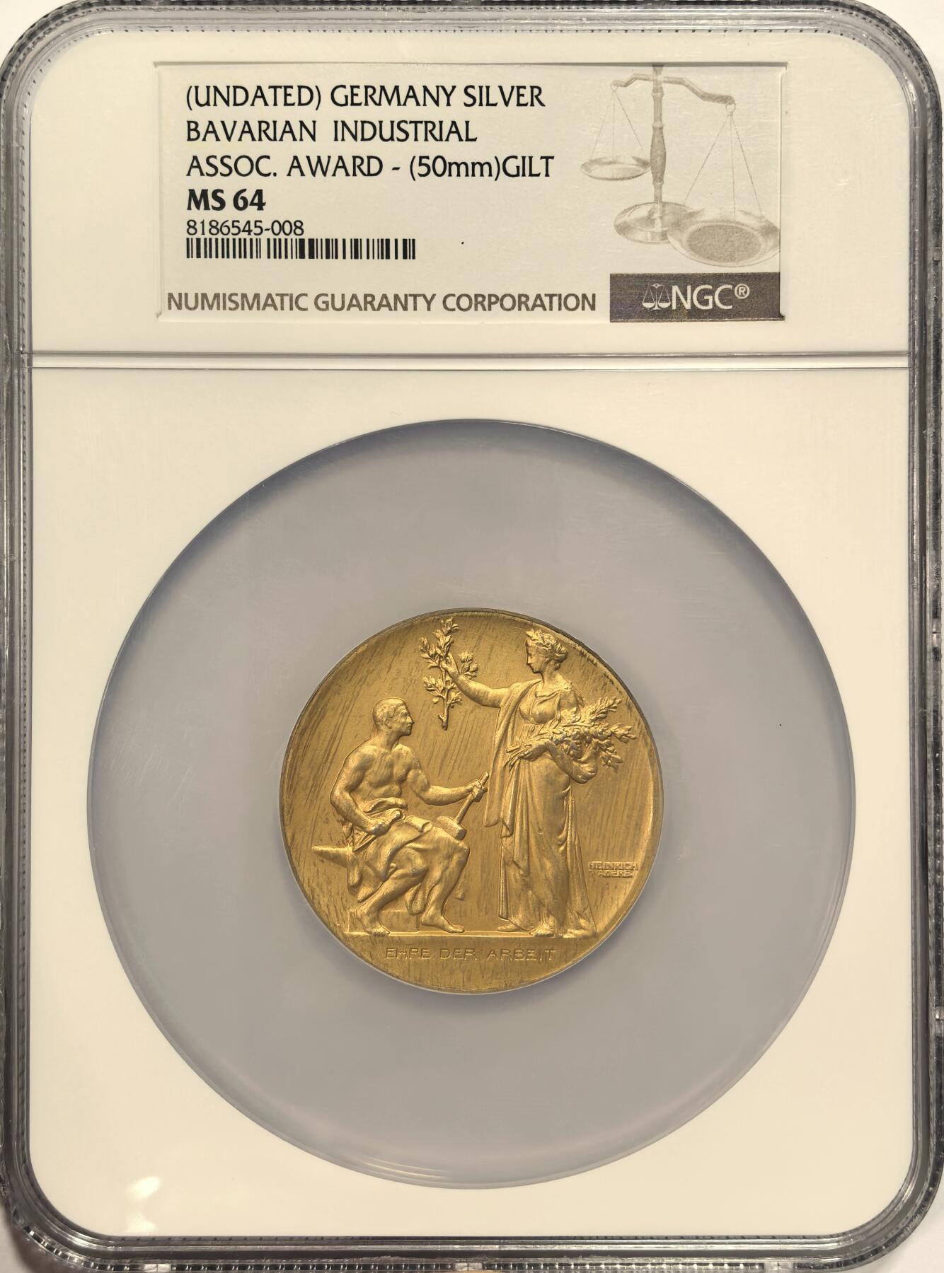 博洋堂德系小专场暨第132期（全场包邮） NGC MS64 唯一冠军分！德国第二帝国时期劳动荣耀镀金巨大银章（也有版主认为是第三帝国的），众所周知站前奖章镀金款都是当金奖发布的，数量比银的更加稀少！由于艺术元首1933年宣布5/1为全国劳动节，庆祝并发布纪念奖章，因此有泉友认为可能是第三帝国时期的。