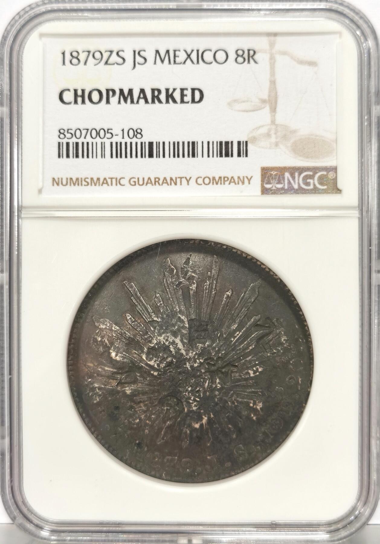 博洋堂德系小专场暨第132期（全场包邮） NGC Chopmarked 墨西哥1879年ZS JS版花边鹰洋 百年味道历史韵味 精美多戳 NGC加厚盒