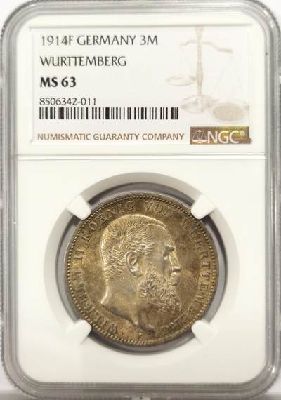 博洋堂德系小专场暨第132期（全场包邮） - NGC MS63 德国符腾堡1914年威廉二世3马克银币