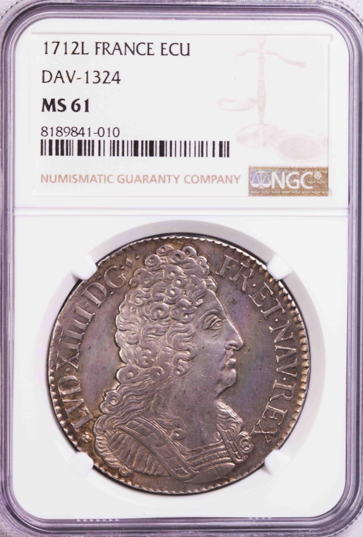 NGC-MS61 1712法国太阳王卷毛埃居大银币