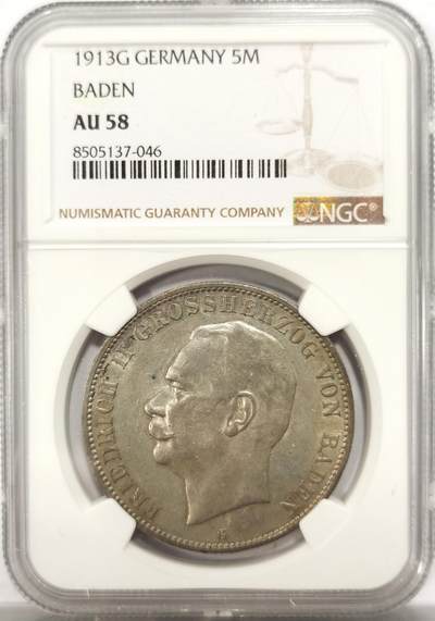 博洋堂德系小专场暨第132期（全场包邮） - NGC AU58 德国巴登1913年5马克银币 整体细节光感不错，没有明显划丝