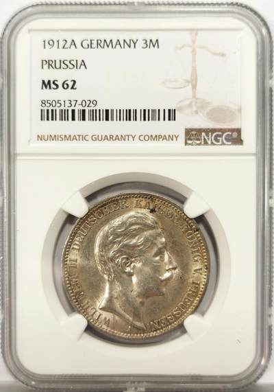 博洋堂德系小专场暨第132期（全场包邮） - NGC MS62 德国普鲁士1912年威廉二世3马克银币 淡彩原光