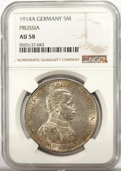 博洋堂德系小专场暨第132期（全场包邮） - NGC AU58 德国普鲁士1914年威廉二世军装5马克银币