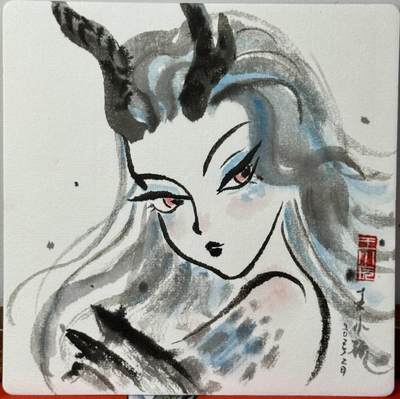 白泽拍卖卡牌手绘专场第21期（七月将残暑未收， 晚凉庭院独登楼） - 2025 王小玩手绘画 敖润 尺寸：14cm*14cm