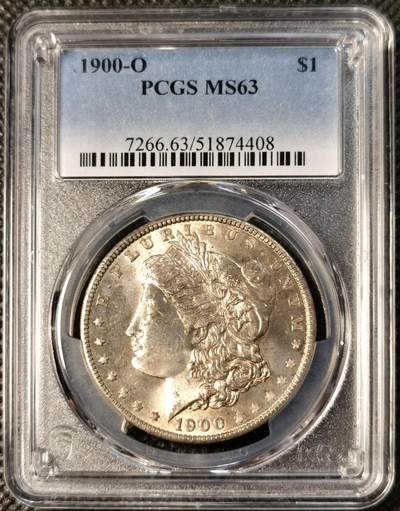  甄臻铺-世界币章拍卖（第26期），送拍享返佣金等优惠多多 - PCGS-MS63 1900年O版摩根，金彩包浆，不多见的年份