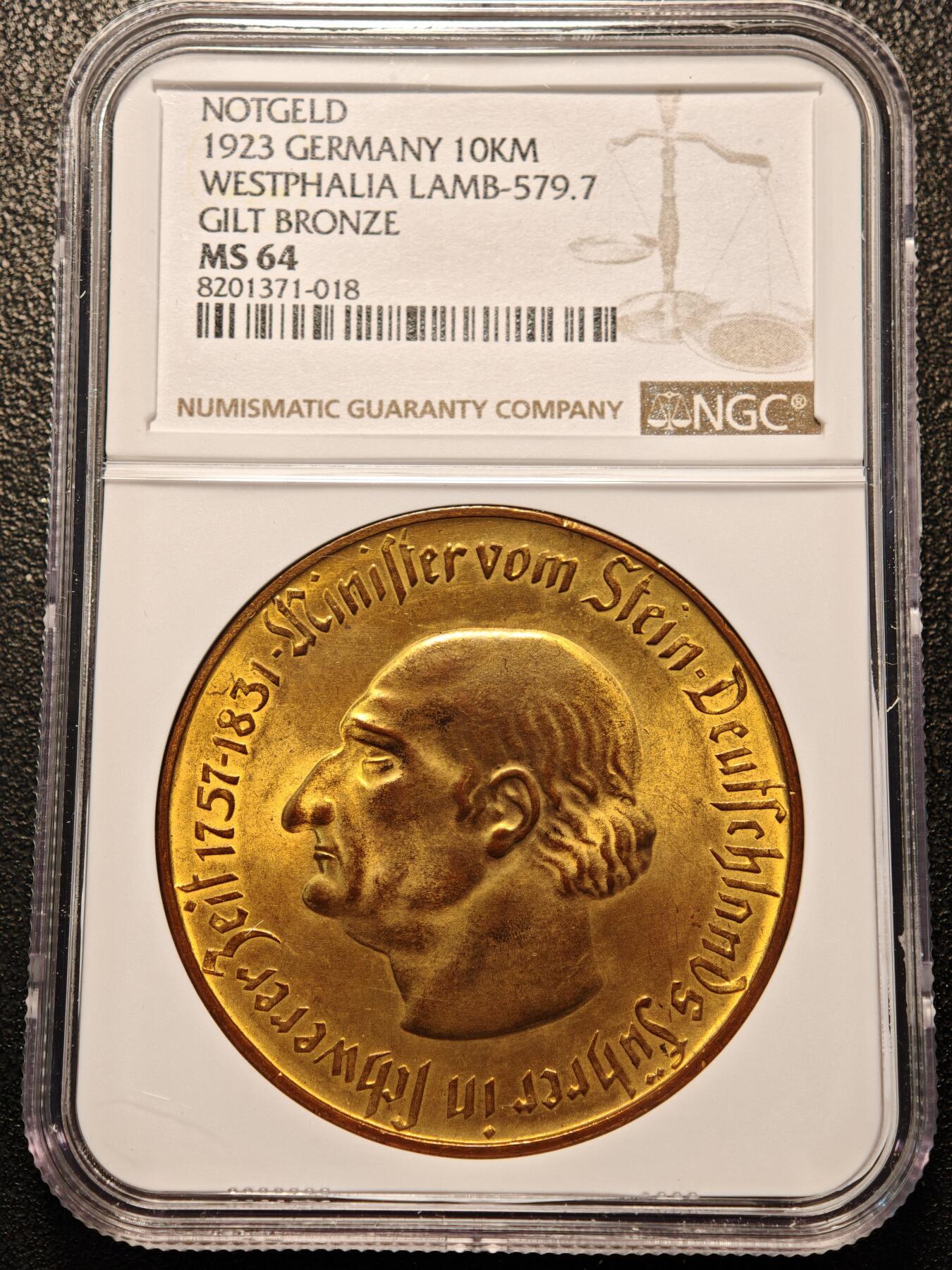 【德藏】世界币章拍卖第139期（拍品征集中~欢迎藏友联系） 1923年 德国德紧时期威斯特法伦州10000马克大马币镀金铜币 NGC MS64 原光极强