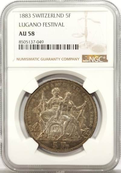 博洋堂德系小专场暨第132期（全场包邮） - NGC AU58 瑞士1883年卢加诺射击节5法郎