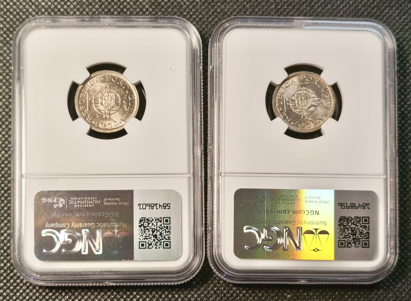  甄臻铺-世界币章拍卖（第26期），送拍享返佣金等优惠多多 NGC-MS65 1952年澳门50毫，高卷拆，2枚一组