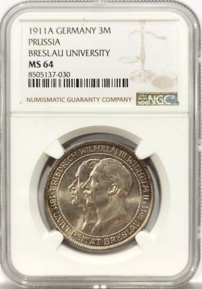 博洋堂德系小专场暨第132期（全场包邮） - NGC MS64 德国普鲁士1911年布雷斯劳大学纪念3马克银币 转光明显