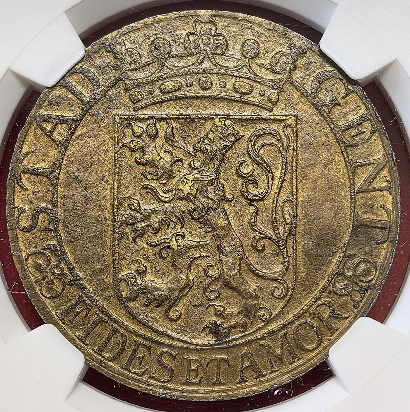 凡希社世界钱币微拍月度大拍（2025/07） 1918比利时德占根特5F大铜NGC-MS62，镀层完好，一战有名的围城币。