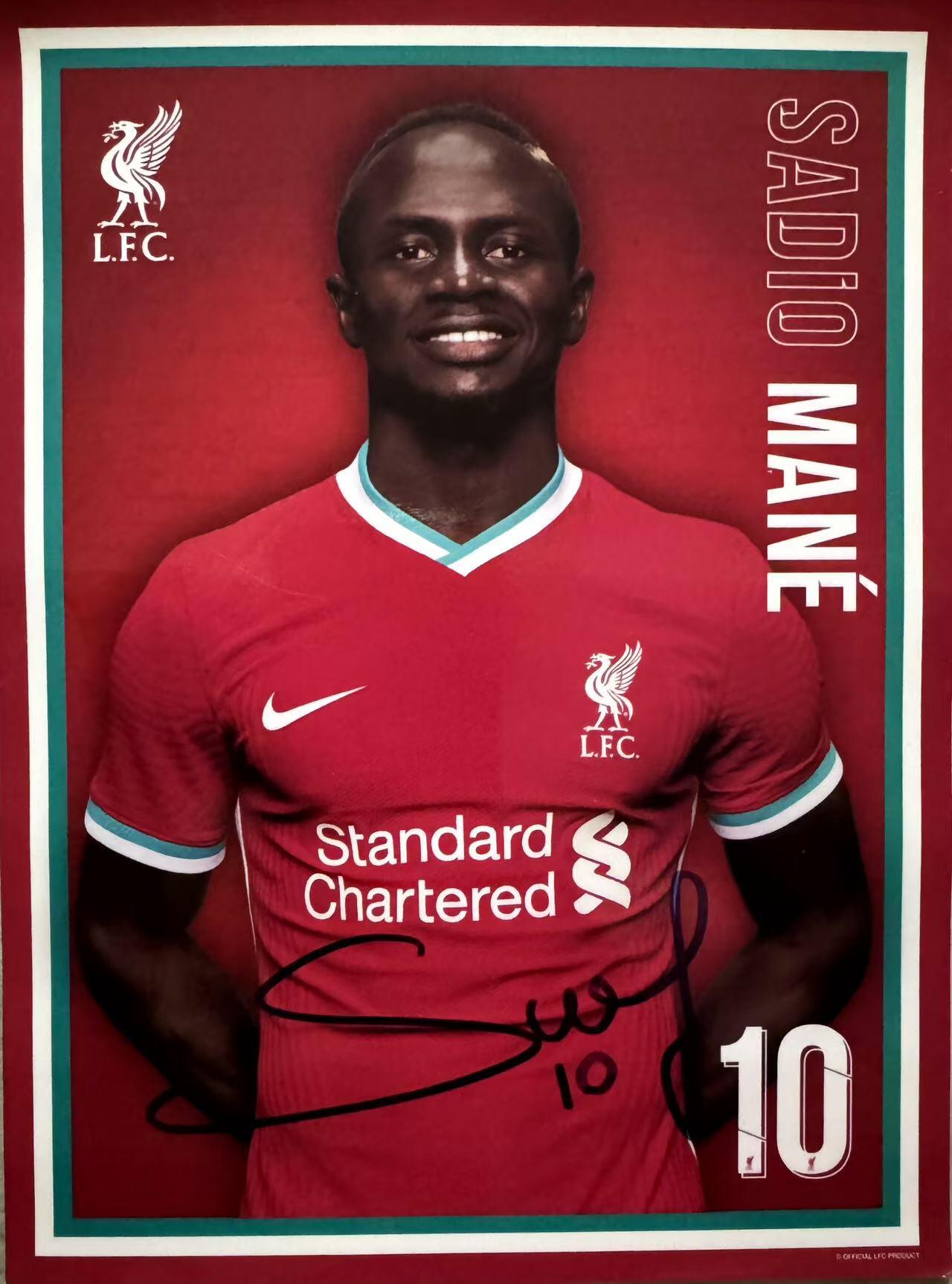 零元拍：赛迪奥-马内亲签利物浦足球俱乐部官方签字卡！尺寸： 203×152 MM