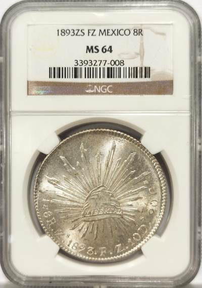 博洋堂德系小专场暨第132期（全场包邮） - NGC MS64 墨西哥1893年ZS FZ版花边鹰洋，粉嫩原光，全羽毛