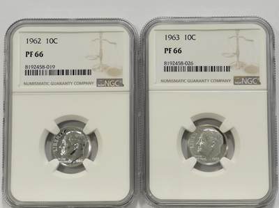 博洋堂德系小专场暨第132期（全场包邮） - NGC PF66 美国1962、1963年罗斯福10分银币2枚一对