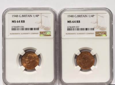 博洋堂德系小专场暨第132期（全场包邮） - NGC MS64RB 英国1948年乔治六世1/4便士铜币2枚一对