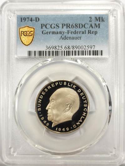 博洋堂德系小专场暨第132期（全场包邮） - PCGS PR68DCAM 联邦德国西德1974年D版阿登纳2马克纪念镍币