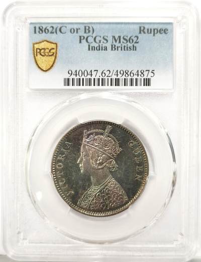 博洋堂德系小专场暨第132期（全场包邮） - PCGS MS62 英属印度1862年维多利亚1卢比银币，少见包浆四点版