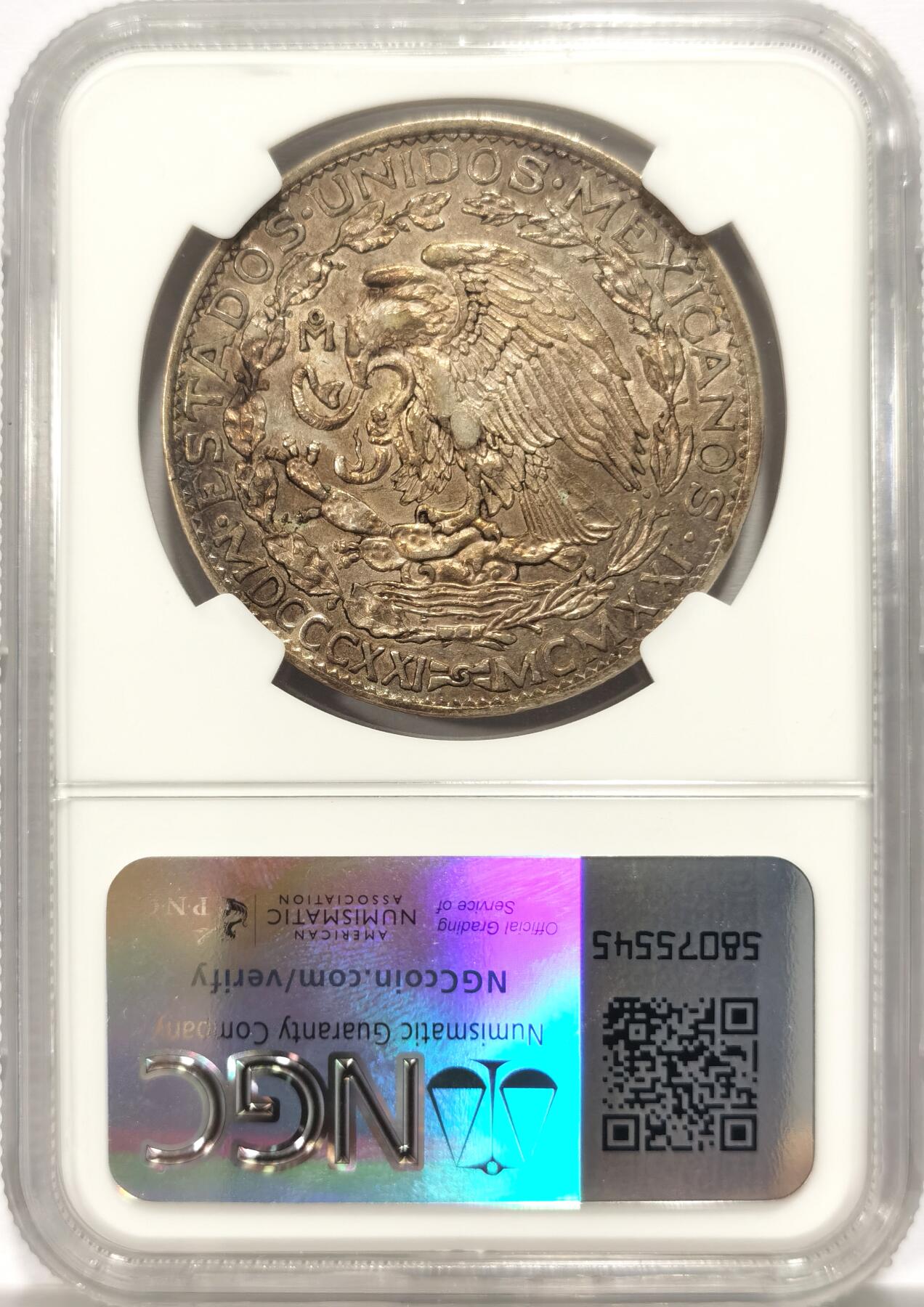 博洋堂德系小专场暨第132期（全场包邮） NGC AU55 墨西哥1921年飞天女神独立百年纪念2比索大银币，极美双面深彩，少见品种，出分难得。