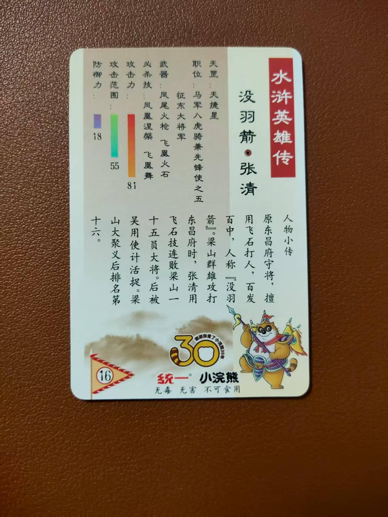 龙虎卡牌第四十七场 （无佣金，满120包邮，欢迎送拍） 粗闪小卡 小浣熊30周年 水浒英雄传-没羽箭张清