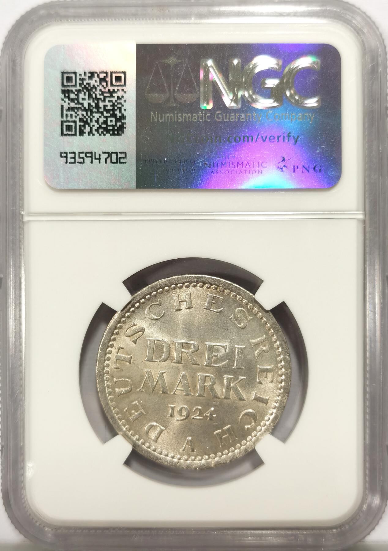 博洋堂德系小专场暨第132期（全场包邮） NGC MS64 德国1924年3马克，少见魏玛德国时期主币，单独年份，分数合格入藏