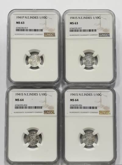 博洋堂德系小专场暨第132期（全场包邮） - NGC MS63/64 荷属东印度1941年1/10盾银币4枚一组