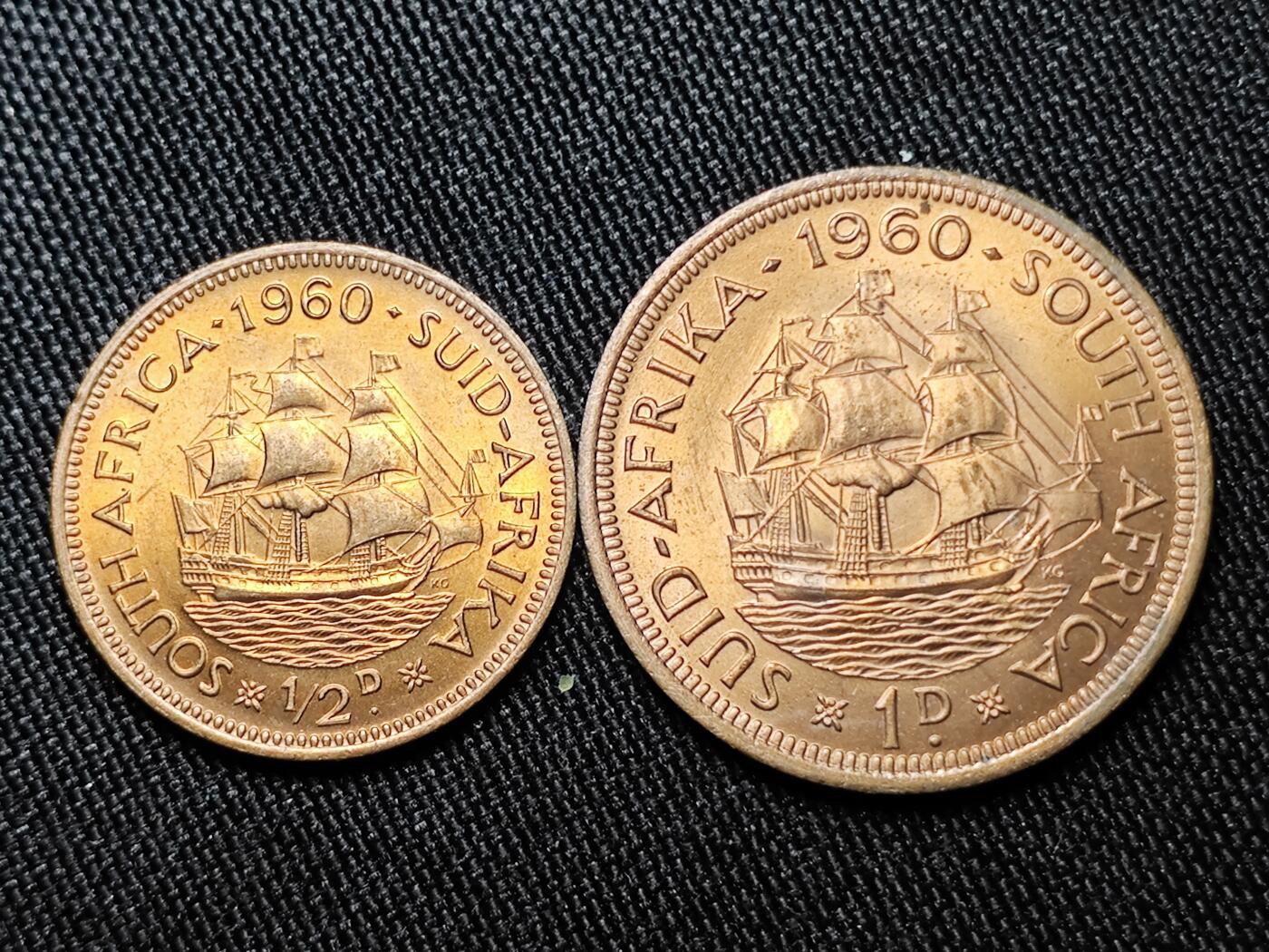 KK钱币收藏小铺 《批量/好品散币 套币 银币》专场 2月预留时间 周末发货 1960英属南非0.5/1分铜币 好品 