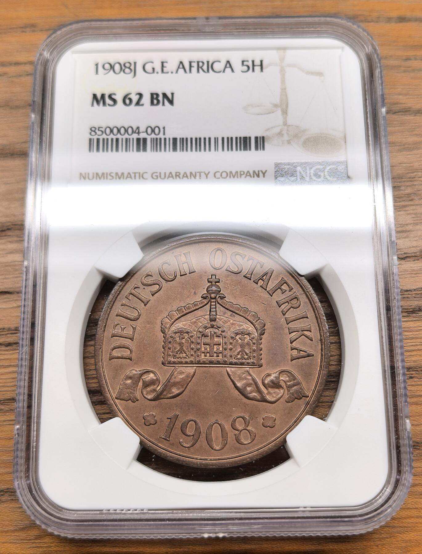 凡希社世界钱币微拍月度大拍（2025/07） 1908J德属东非5HELLER大铜NGC-MS62，原色铜光，品相难得一见的德属好品种，仅发行两年，卢比体系里规格最大的铜辅币。（视频参考）