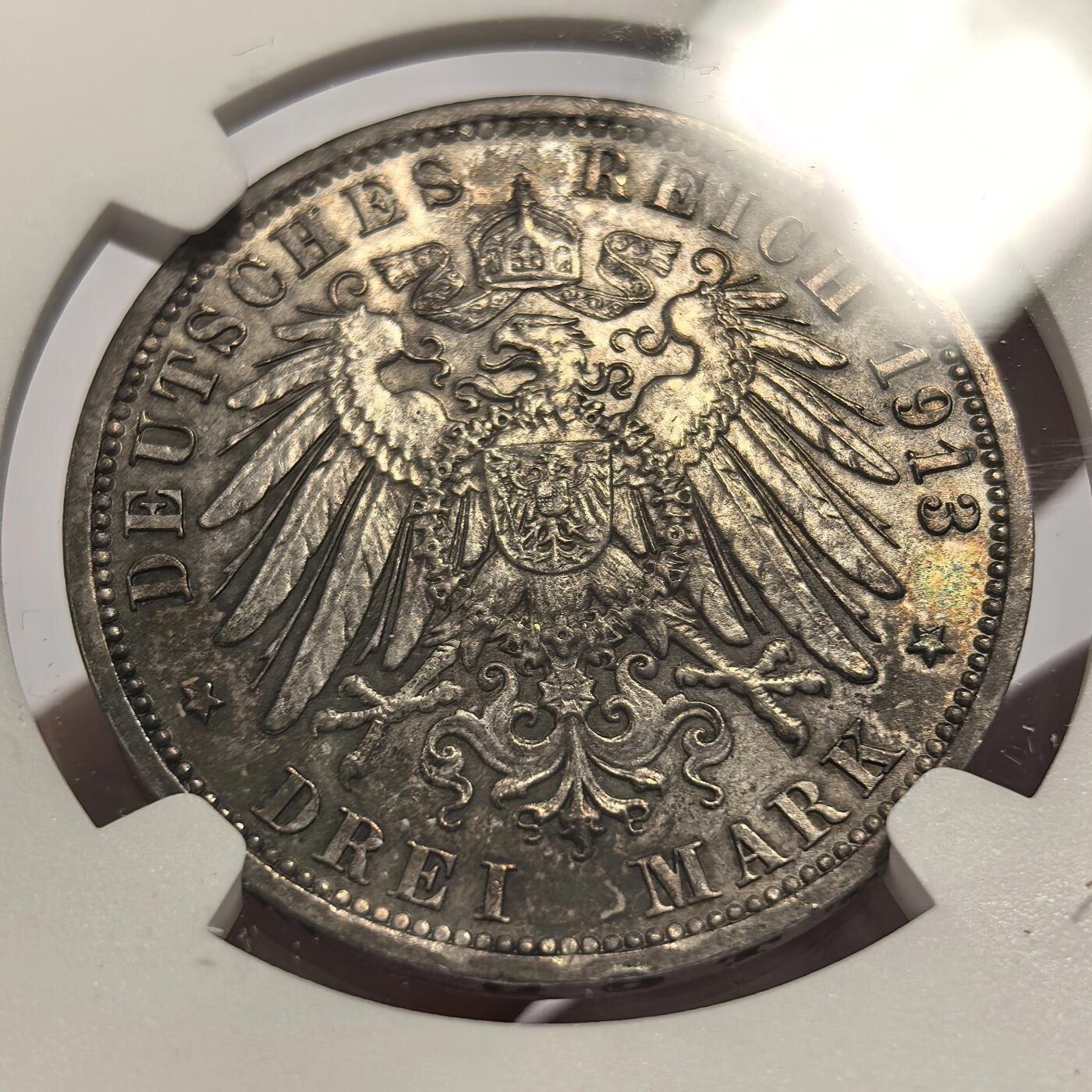 博洋堂德系小专场暨第132期（全场包邮） NGC MS61 德国普鲁士1913年威廉二世花枝3马克银币