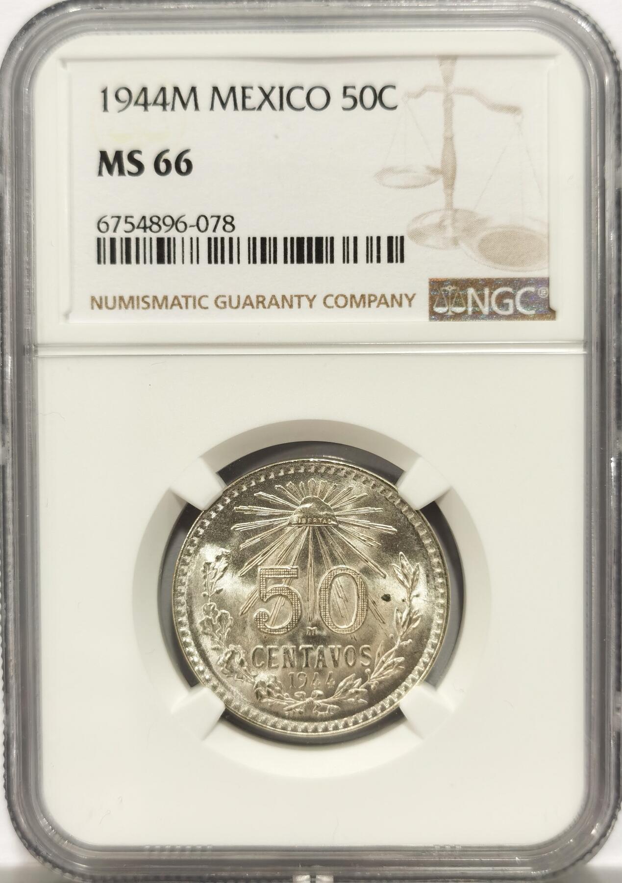 博洋堂德系小专场暨第132期（全场包邮） NGC MS66 墨西哥1944年50分鹰洋银币，高分难得