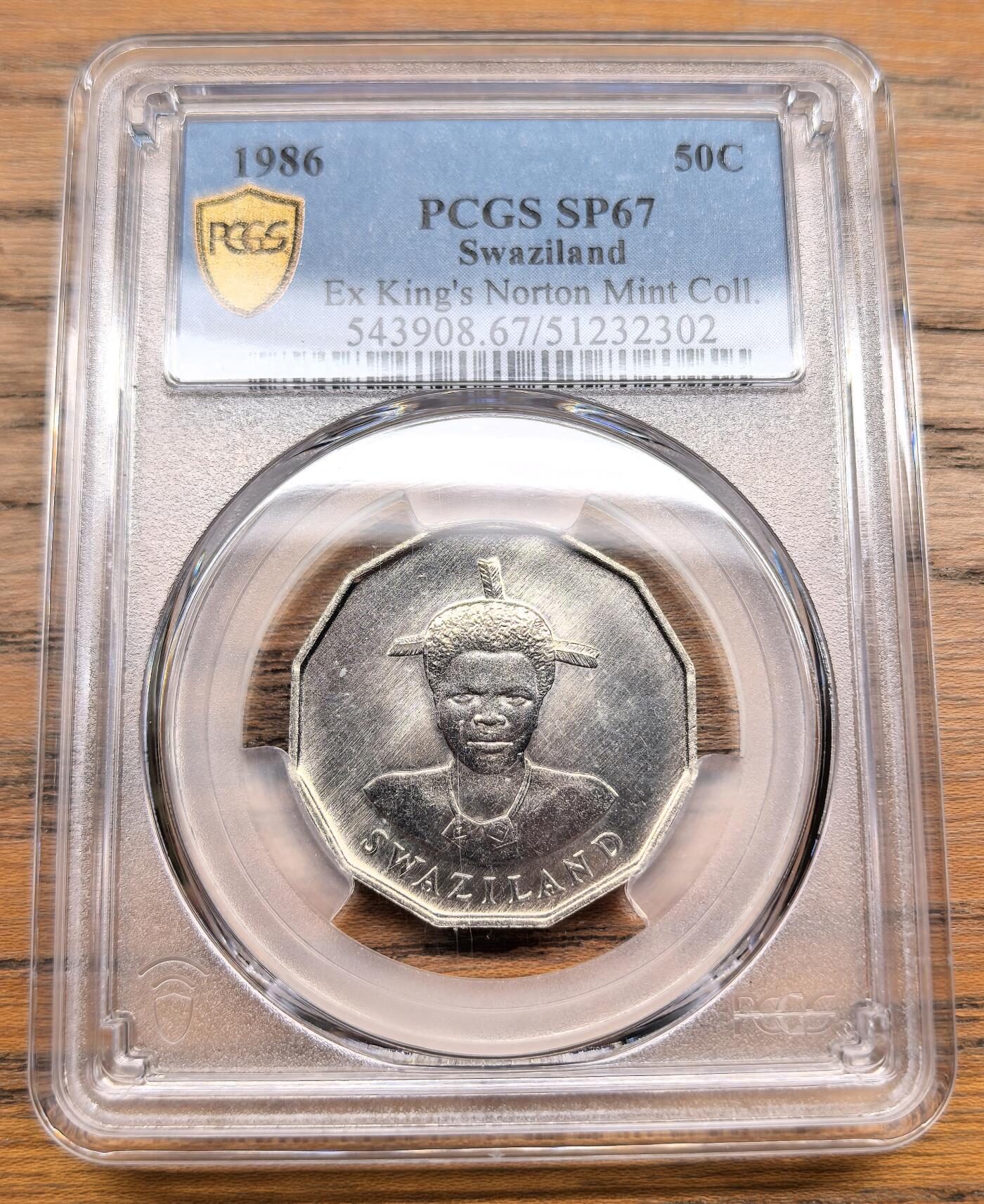 凡希社世界钱币微拍月度大拍（2025/07） 1986斯威士兰土著人50分PCGS-SP67，Kings' Norton留厂样币。