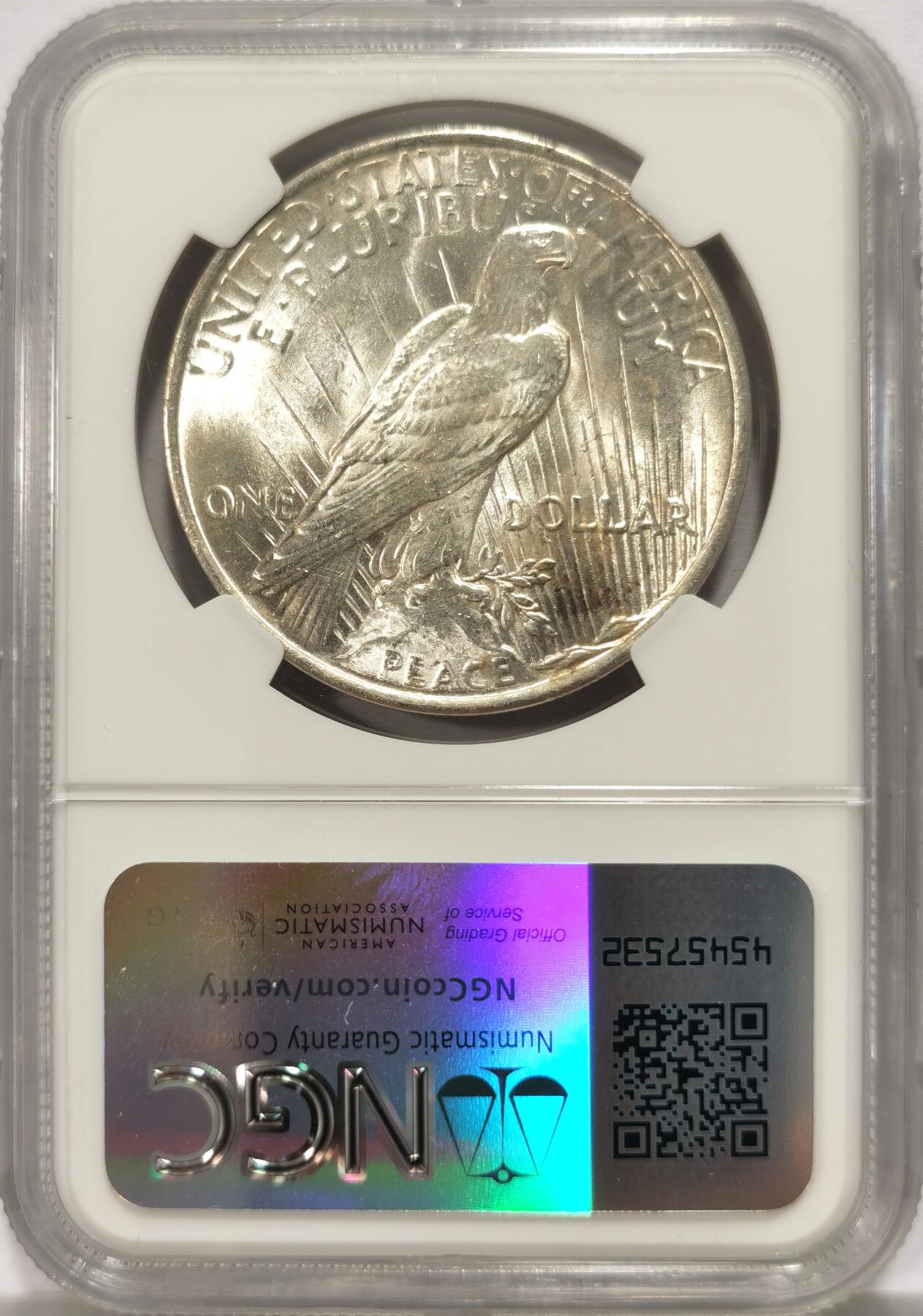 博洋堂德系小专场暨第132期（全场包邮） NGC MS63 美国1922年和平银币，卷拆原光好品，银光闪烁。