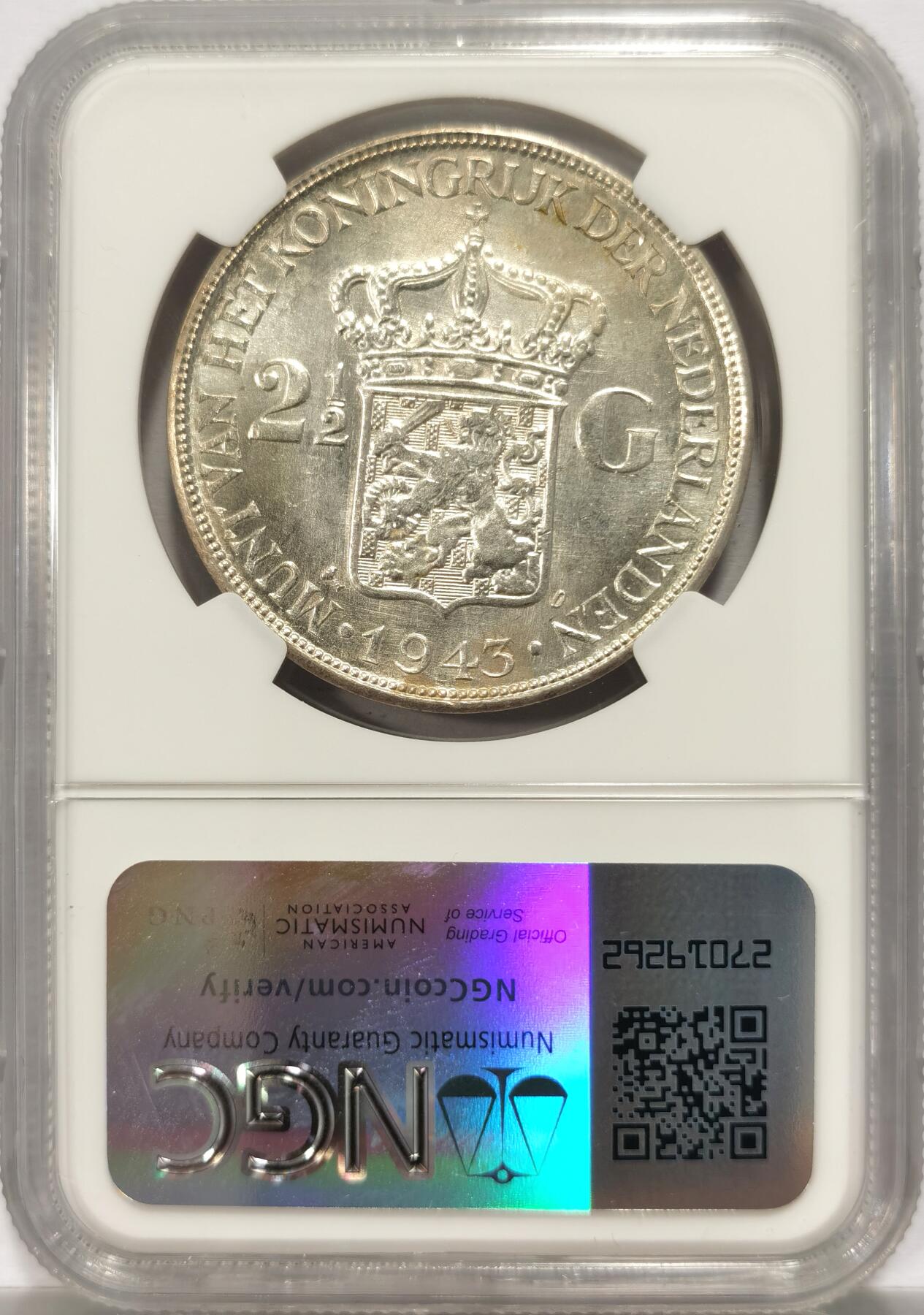 博洋堂德系小专场暨第132期（全场包邮） NGC MS63 荷属东印度1943年威廉明娜2.5盾大银币，极美BU原光好品。
