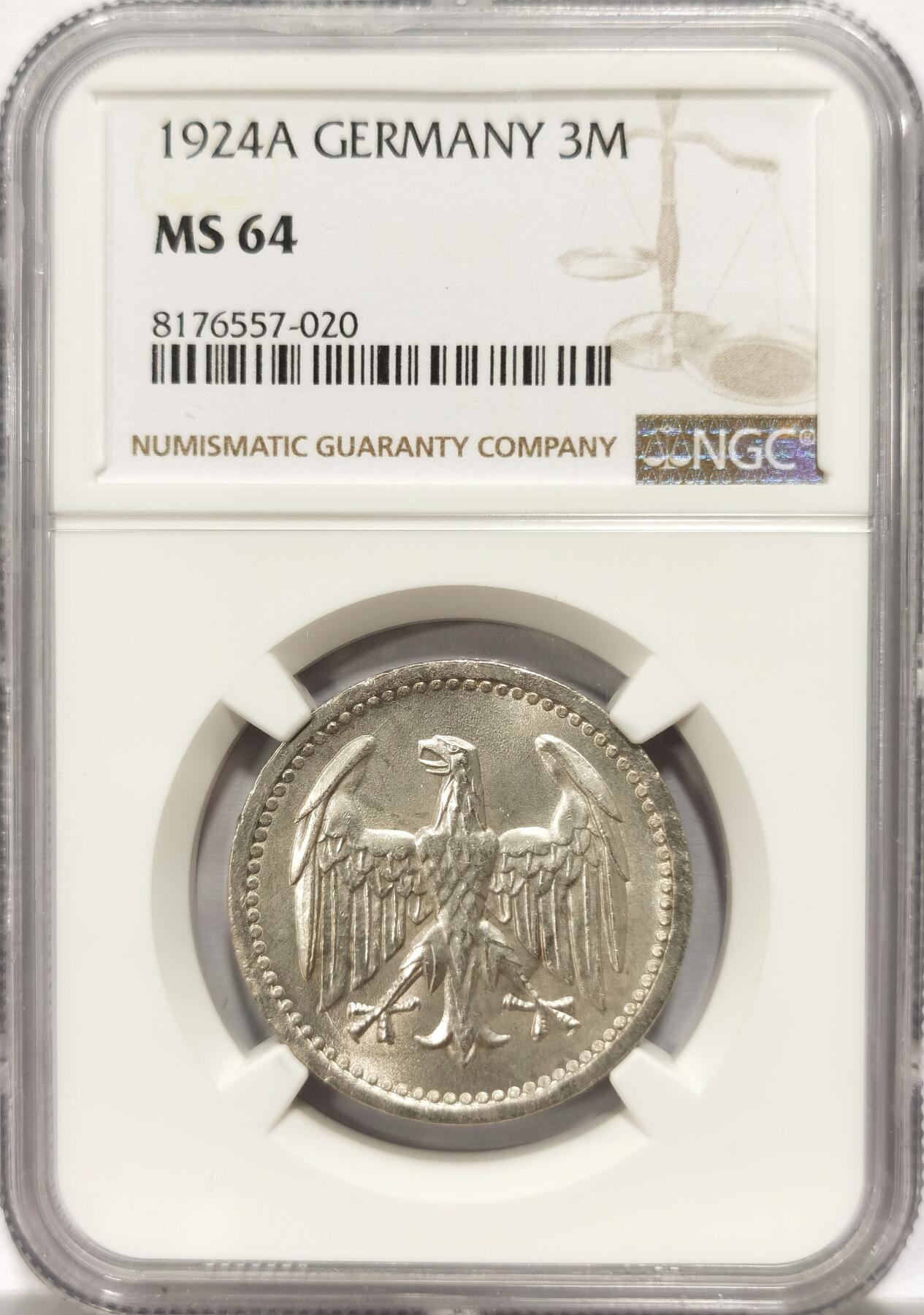 博洋堂德系小专场暨第132期（全场包邮） NGC MS64 德国1924年3马克，少见魏玛德国时期主币，单独年份，分数合格入藏
