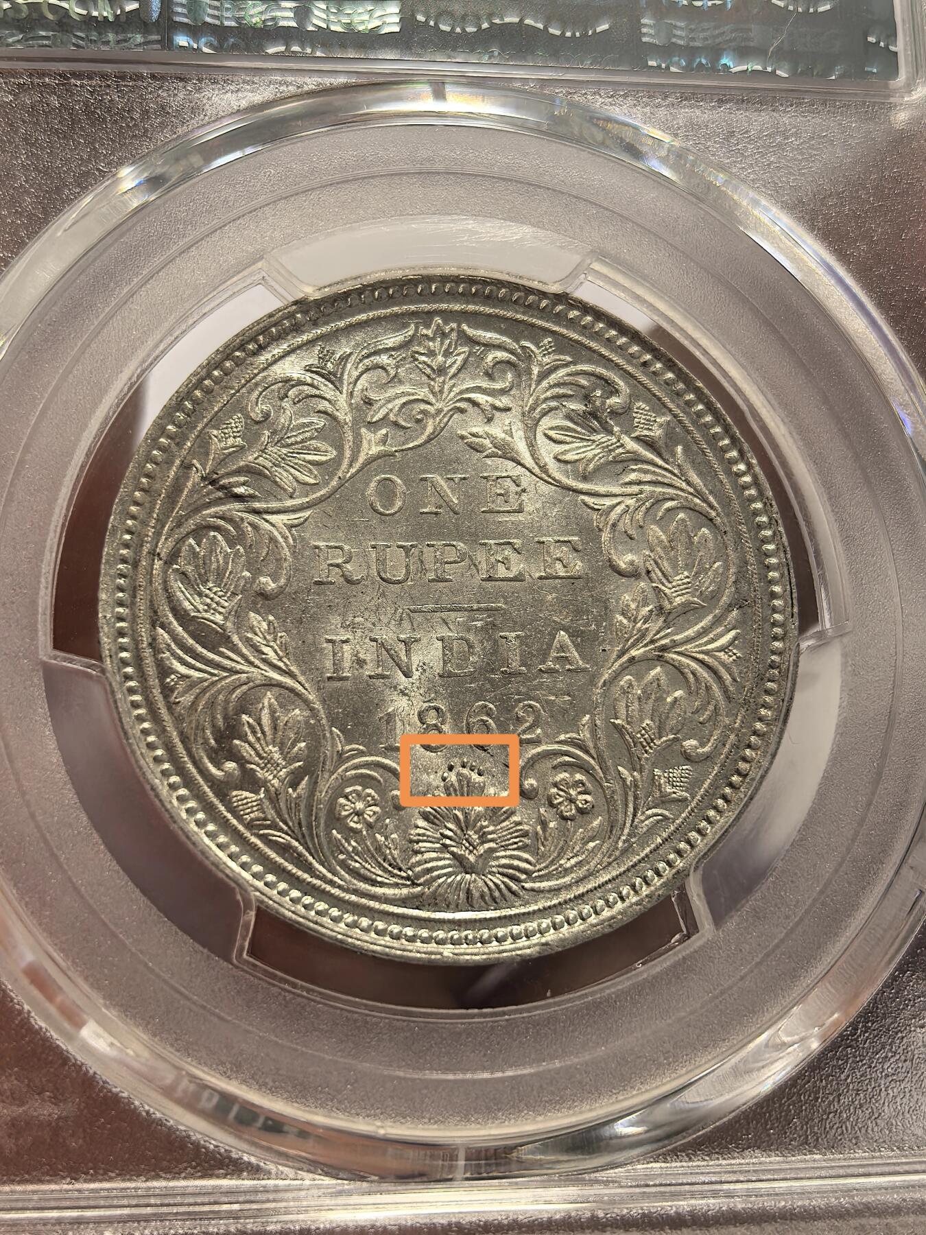 博洋堂德系小专场暨第132期（全场包邮） PCGS MS62 英属印度1862年维多利亚1卢比银币少见四点版+五点版2枚一对1