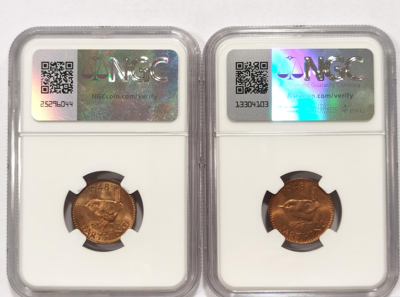 博洋堂德系小专场暨第132期（全场包邮） NGC MS64RB 英国1948年乔治六世1/4便士铜币2枚一对
